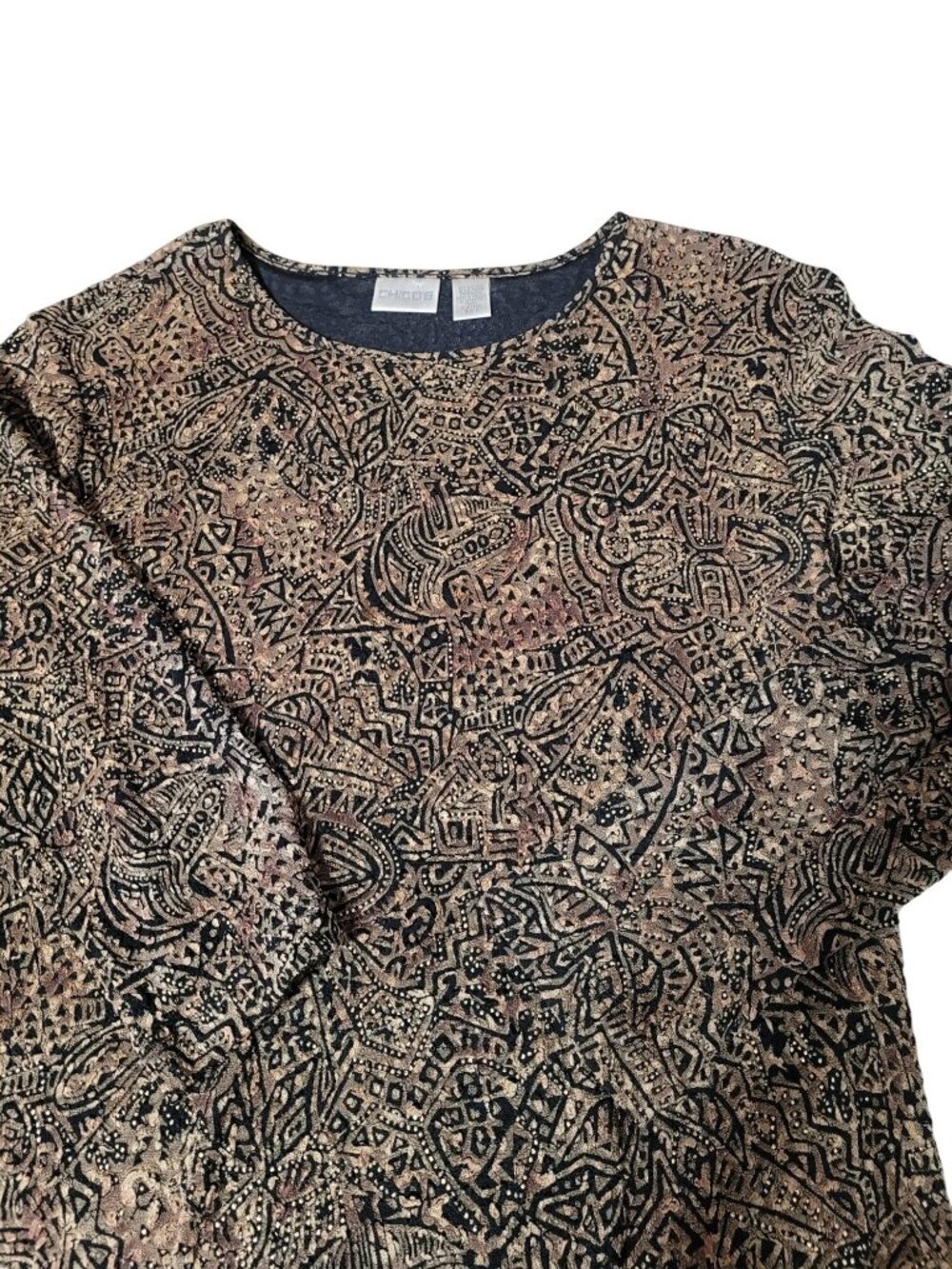 Chicos Textured Knit Stretch Top Size XL Metallic Gold & Black Long Sleeve Embel